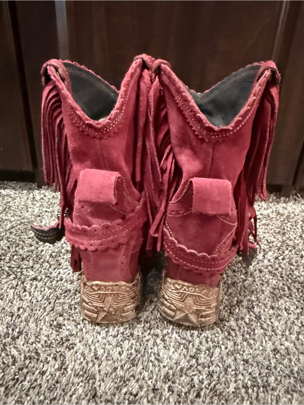 El Vaquero Moccasin Boots Burgundy Suede Fringe Wedge Booties Ayra Silverstone - Picture 4 of 7